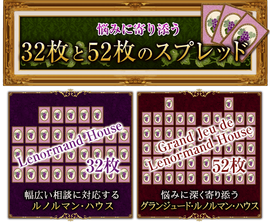 悩みに寄り添う 36枚と52枚のスプレッド 幅広い相談に対応するルノルマン・ハウス 悩みに深く寄り添うグランジュード・ルノルマン・ハウス